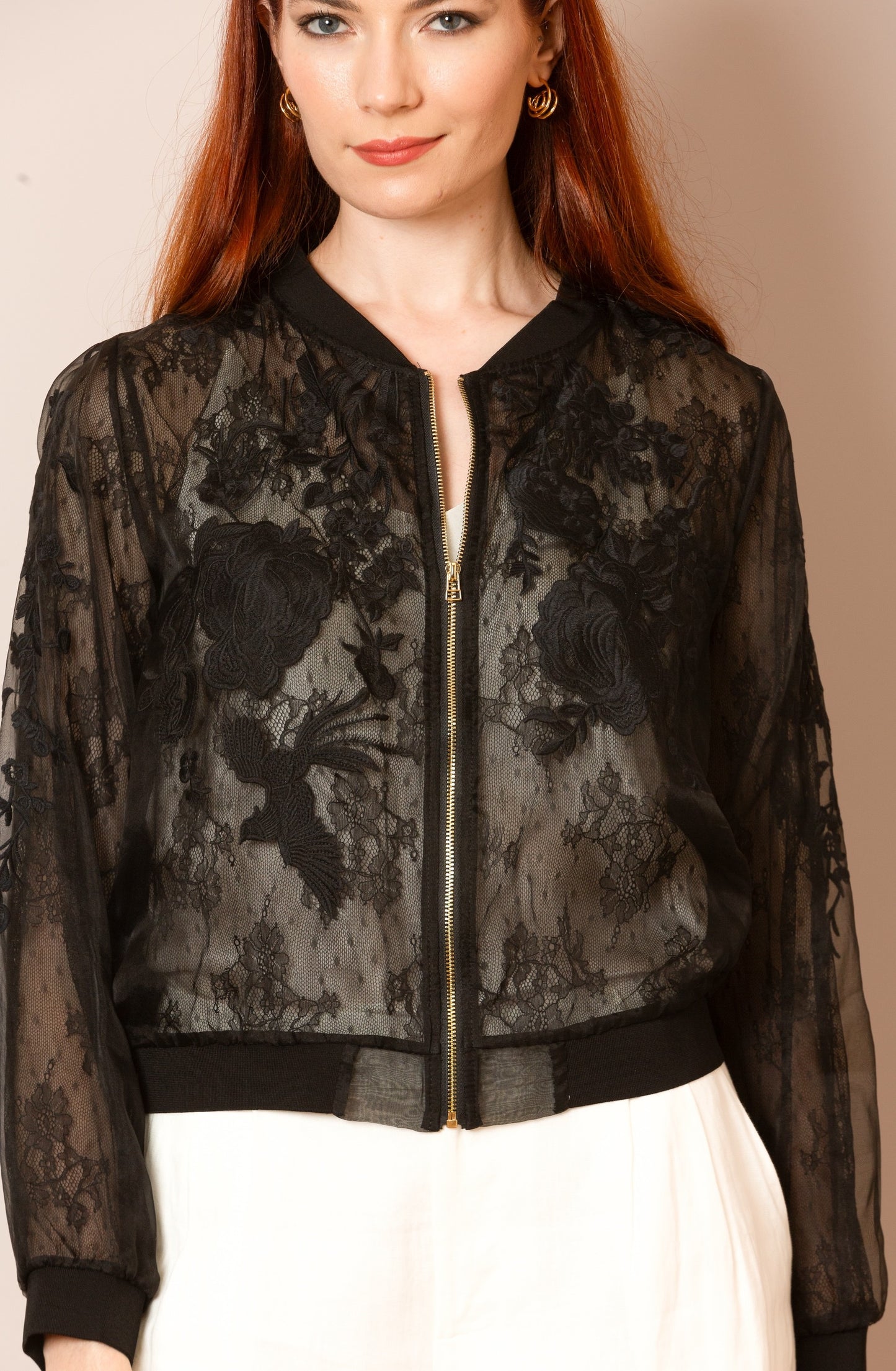 Black Tulle & Lace Combo Bomber Jacket By Jessie Liu