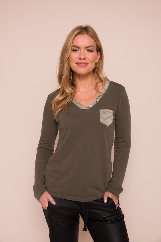 Blair Long Sleeve with Satin Trim Pocket in Olive