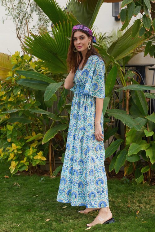 Zoey Dress By Sohana, Sohana dress,  long. flowy dress, floral dress, long floral dress, long blue floral dress, Artisan dress,  artistic dress