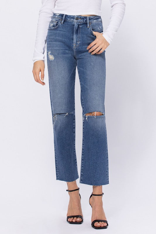 Tracy - Dark Wash Knee SLT Raw Hem Jean. hidden jeans, high  rise jeans, distressed jeans with tears, raw hem jeans, tracy jeans, relaxed dark wash jeans