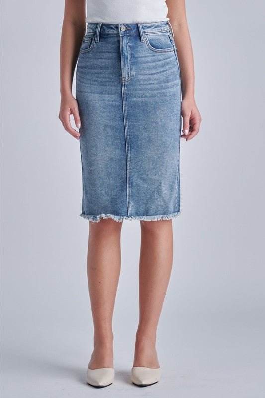 PEYTON - Medium Wash Pencil Skirt. hidden skirt, pencil skirt, pencil denim skirt, pencil jean skirt, light wash denim skirt, knee length denim skirt, medium wash jean skirt, medium wash denim skirt