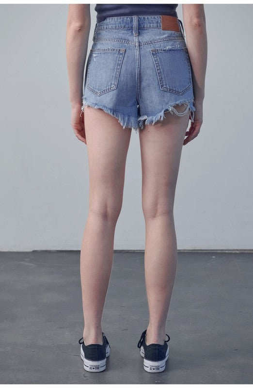 FINN - Medium Wash High Rise Frayed Shorts.