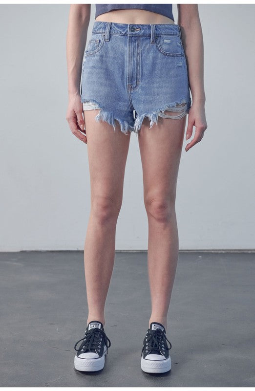 FINN - Medium Wash High Rise Frayed Shorts.