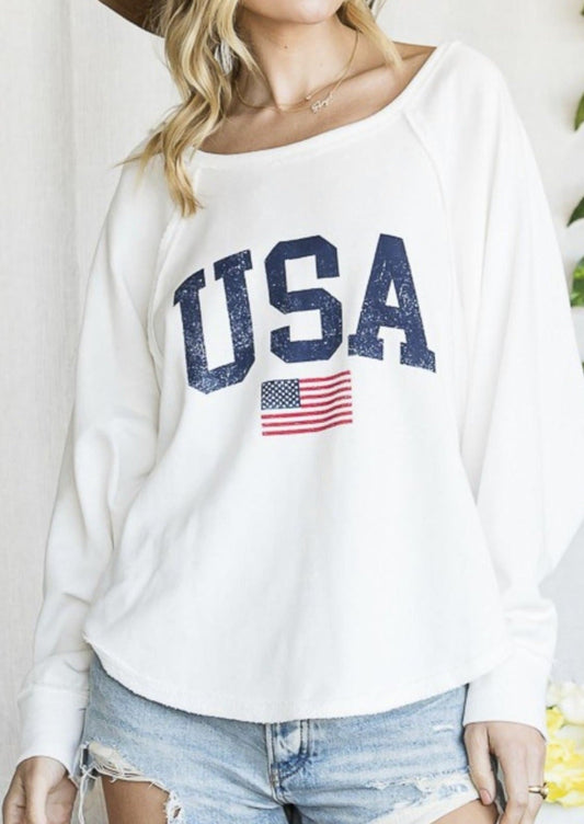 USA sweatshirt, distressed USA sweatshirt, white USA sweatshirt, oversized USA sweatshirt, White oversized USA distressed sweatshirt