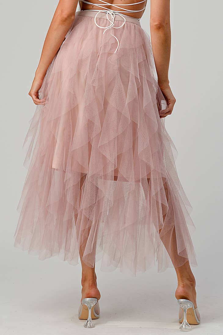 Ruffled Tulle Midi Skirt