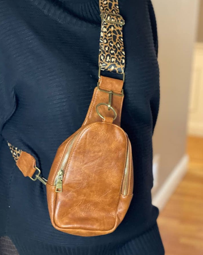 Brown Vegan Leather Cross Bag With Guitar Strap