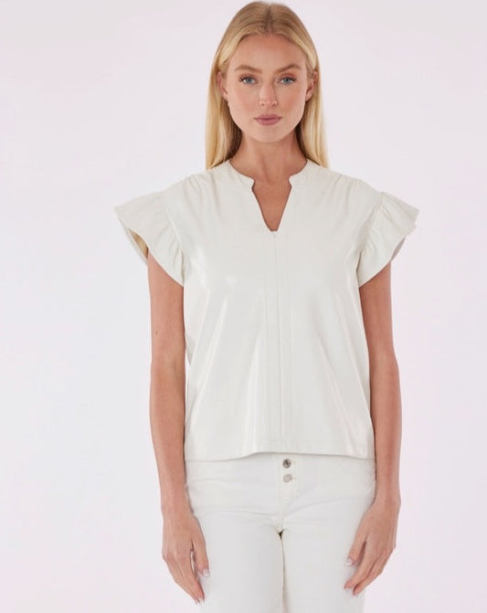 Dolce Cabo Vegan Leather Ruffle Sleeve Top. Flutter top, flutter vegan leather to[, ruffle top, white vegan leather ruffle top, Dolce cabo tops, Vegan Leather tops