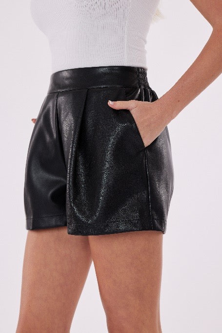 Vegan Leather Pleated Short, Dolce Cabo vegan leather shorts, Cabo vegan leather shorts, vegan leather shorts, leather shorts, short leather shorts, black leather shorts, Cabo vegan leather black shorts, faux leather shorts, faux black leather shorts