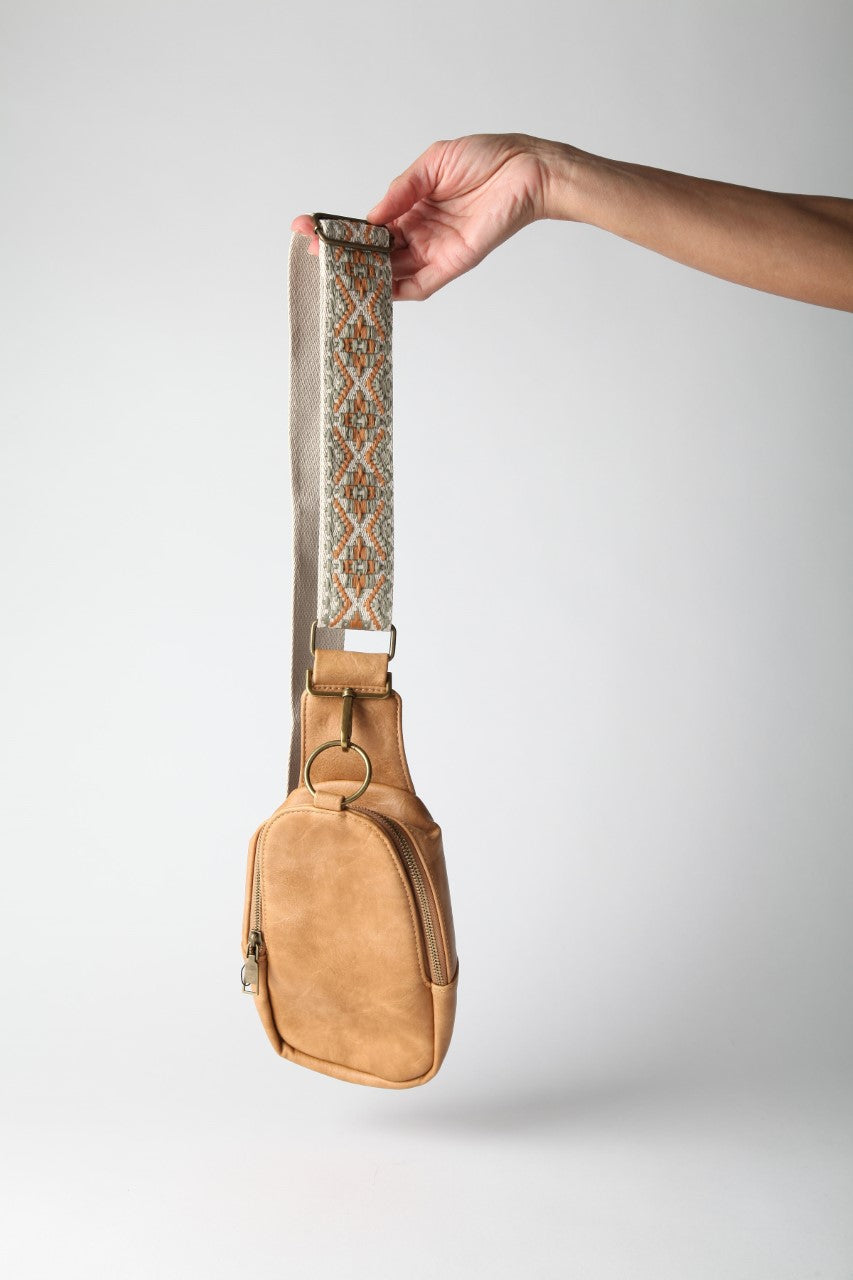 Brown Vegan Leather Sling Bag With Guitar Strap.