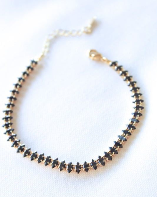 gator mini bracelet, black diamond shape bracelet in gold, gold bracelet with black stones, Kinsey Design small black and gold bracelet