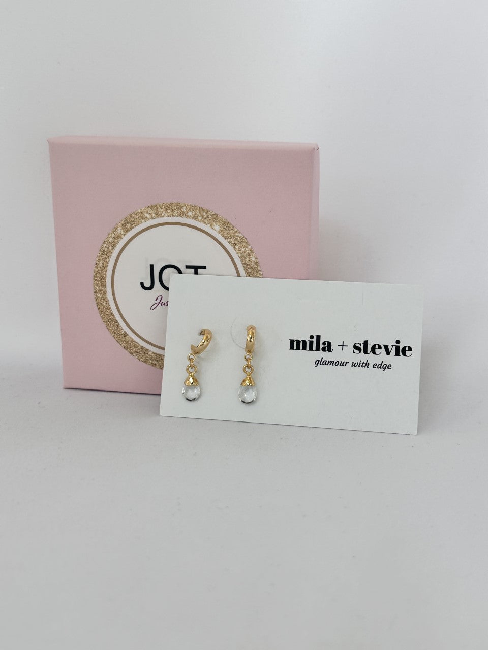 Mila + Stevie Katie gold huge with clear rhinestone, Mila+Stevie gold huggie with clear stone dangle earrings, Katie earrings, Katie earrings with clear dangle earring, dangle earring, clear stone dangle earrings, gold huggie with clear stone dangle earrings