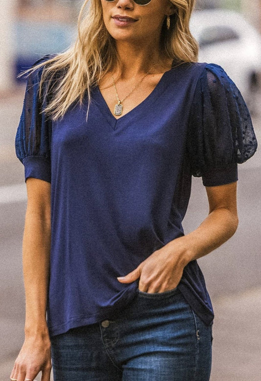 Short Sleeve Navy Puff Lace Sleeve Top