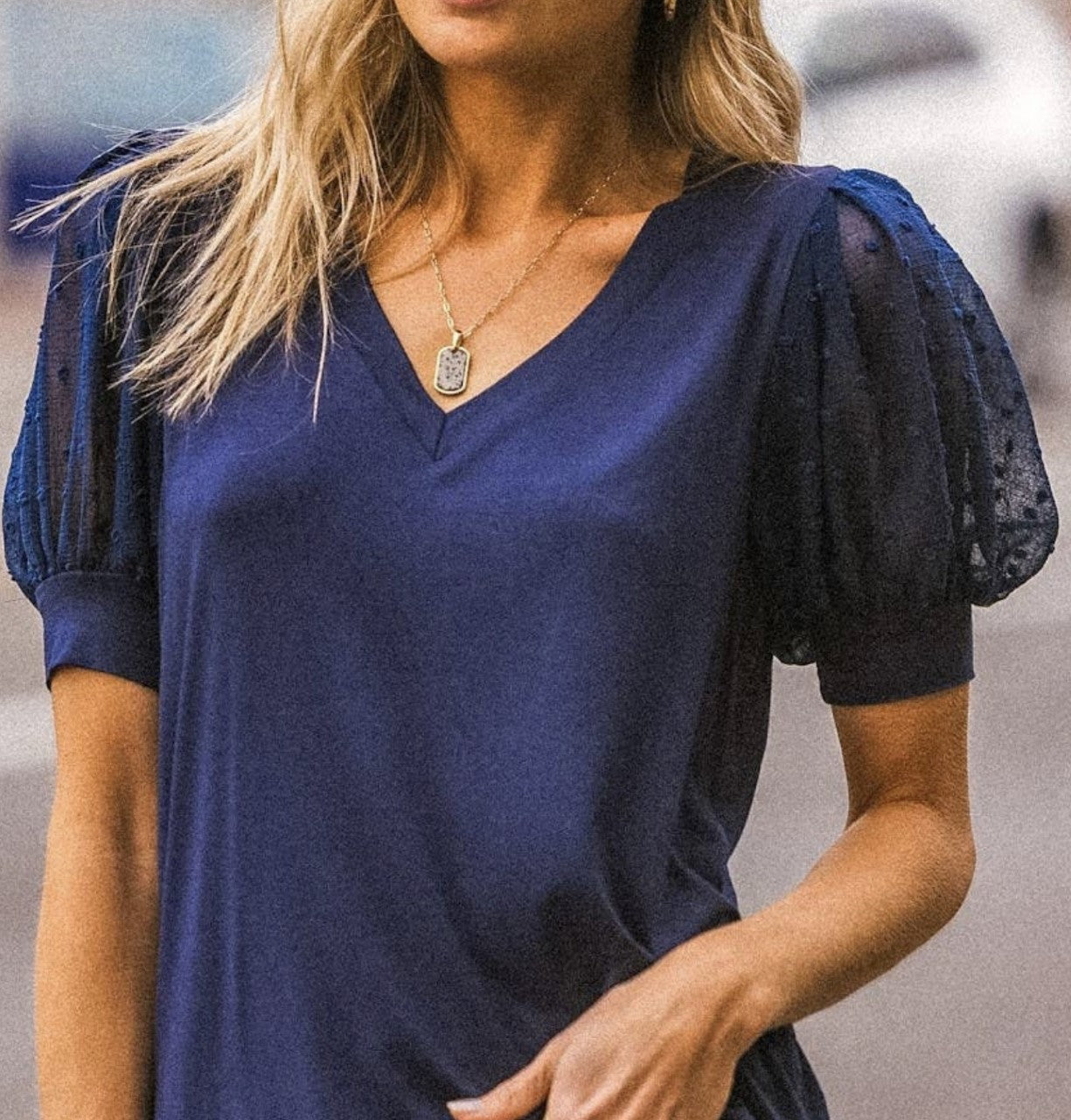 Short Sleeve Navy Puff Lace Sleeve Top